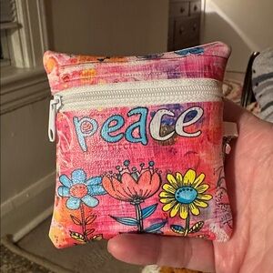 Hand Crafted Floral Coin Card Zipper Pouch with text ‘PEACE’
